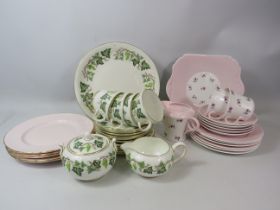 Part teasets by Shelley and Wedgwood plus Tuscan china pink side plates.