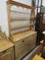 Antique Style Pine Kitchen Dresser with cupboard below, two drawers above and plate rack above. Ra