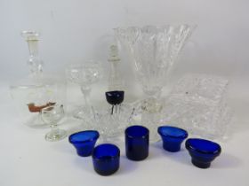 Mixed crystal glass including a fan vase and butter dish plus a ship in a bottle and medical eye