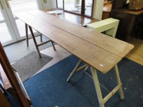 Vintage Tressle Table with Two plank top. Measures approx 8ft Long. See photos. S2