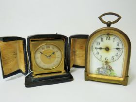 Zenith, Swiss made portable alarm clock with original case plus one brass cased small clock, both no