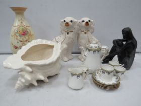 Mixed ceramics including a large ceramic shell, china coffee set, Staffordshire dogs (1 has