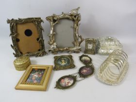 Mixed lot to include a white metal clock, picture frames, trinket box etc.
