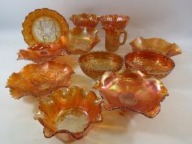 Large selection of various amber carnival glass bowls etc.