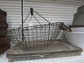 Vintage galvanised trays and a wire basket.