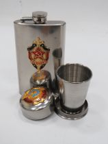 As new and unused Stainless Steel KGB Hip Flask plus a Collapsing steel cup of Stainless steel, With