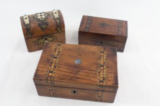 3 x Antique Wooden Boxes Inc Brass Banded Dome Topped Parquetry MOP Etc 549814