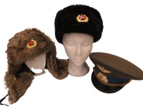 Soviet Navy Submarine Winter Hat, Soviet Airforce Officer's Visor Cap, both from 1980's era plus a r