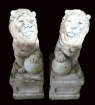 Pair of Yorkstone Guardian Lions seated on plinth with paw resting on ball. Each measure approx 25
