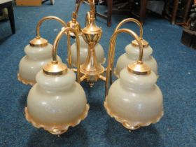 Lovely Five branch brass Chandelier with opaque shades with pie crust edging. Measures approx 15 inc