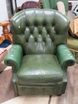 Green Chesterfield style button back lounge chair with thick soft green leather. See photos.
