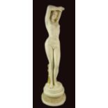 A Signed ceramic classic nude sculpture of a lady holding her hair, 31 inches tall.