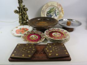 Mixed lot to include a cherub table lamp, Limoge loving plates, extending wooden book shelf etc.