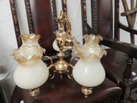 Brass based Five branch Ceiling lamps with opaque shades (one with damage) See photos.   S2