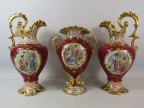 3 Piece vintage continental Ewer and vase set, 38cm tall.