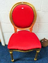 Reproduction French Louis XVI Style Chair, upholstered in vivid Scarlet fabric. Gold leaf effect fin