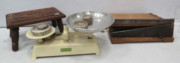 Vintage wooden guillotine, set of Harper scales and a small wooden stool.