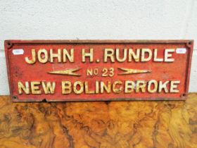 Cast Iron Engine Plaque. John H Rundle,New Bolingbroke.. Measures 17 x 6 inches. See photos. S2