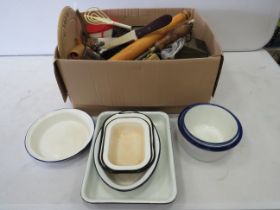 Large box of assorted Kitchenalia to include very good enamel serving dishes etc. see photos.