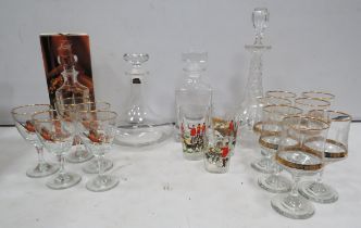 2 Dartington crystal glass decanters plus 2 other decanters and a selection of vintage glasses.