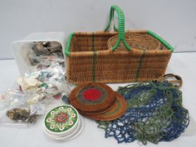 Mixed lot including a vintage basket and a tub of buttons.