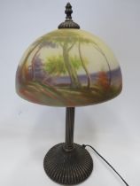 Lovely Table lamp with heavy reeded base. Galle style frosted/painted glass shade which depicts fore