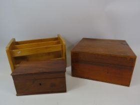 Vintage wooden box containing shoe cleaning brushes etc plus a keepsake box and a letter rack.
