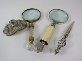 2 large vintage magnifying glass, a letter opener and a white metal nut box.