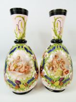 Pair of Milk Glass Vases which have transfer print and hand applied decoration showing cherubs. Eac