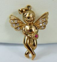 9ct Angel Pendant set with a Tiny Ruby and has Clear CZ gemstones to the wings. 30mm long. 3.0g