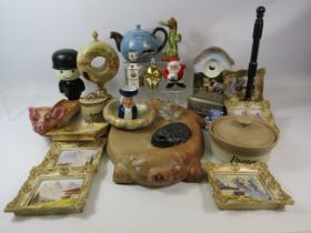 Mixed lot to include 6 Austrian miniture paintings, Torquay teapot, Fred flour sifter, onyx clock