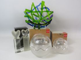 2 Holmegaard glass bonbonnieres and two glass heart paperweights plus a art glass bowl.