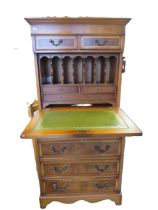 Yew Veneer Double decker writing Bureau with drawers under. Measures approx H:54 x W:26 x D:16 inche