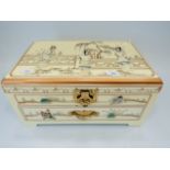  Oriental inspired Jewellery box with painted decoration and Lucite figures of Japanese ladies. Silk