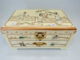 Oriental inspired Jewellery box with painted decoration and Lucite figures of Japanese ladies. Silk