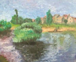 Impressionist style unframed Oil on canvas of a Monet like Scene . 20 x 24 inches. See photos.