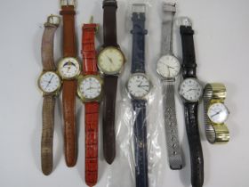 Eight Gents Quartz watches with Metal and Leather straps. All require batteries to run. See photos.