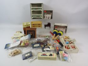 Dolls house furniture and accessories plus a Hohner harmonica etc.