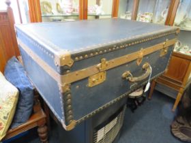 Large Re-enforced Fibre board Suitcase with leather handle by Mossman. Very clean inside and in good