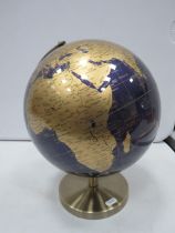 Blue and Gold World globe with polished brass effect stand, approx 13" tall.