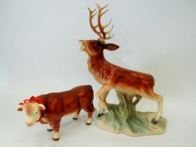Large Dutch made ceramic model of a Red Deer stag along with a leonardo model of a Hereford bull.