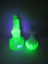 Green uranium glass figural frog plus a small opaline and uranium glass vase.