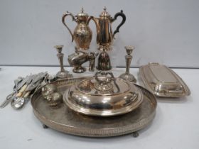 Selection of silver plated items including tureen, gallery tray, cutlery etc.