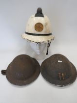 Two WW2 Wardens Brodie Helmets plus a Vintage Firemans Helmet, size Medium. See photos.