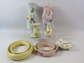 Various E Radford hand decorated pottery items plus a ceramic candle holder.