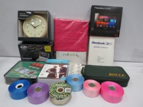 Mixed lot including portable DVD player, play book, poker set, boules, curtains etc.