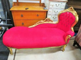 Reproduction French Louis XVI Style Chaise, upholstered in vivid Scarlet fabric. Diamante button bac