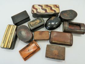 Selection of Vintage Snuff boxes, made from papier mache and wood. Some have inlaid tops. See photo