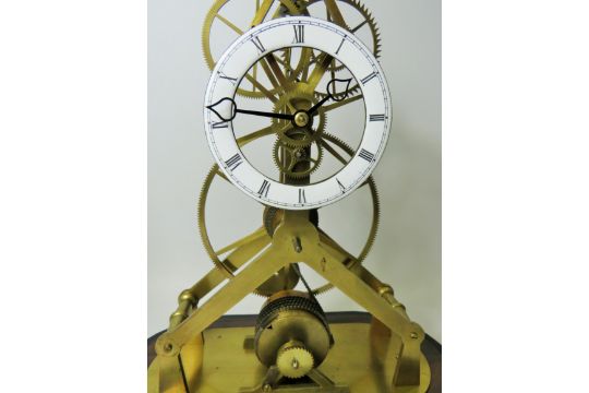 Brass Skeleton Clock with enamelled metal dial. Appears to be complete and in running order.  No Mak - Image 3 of 9