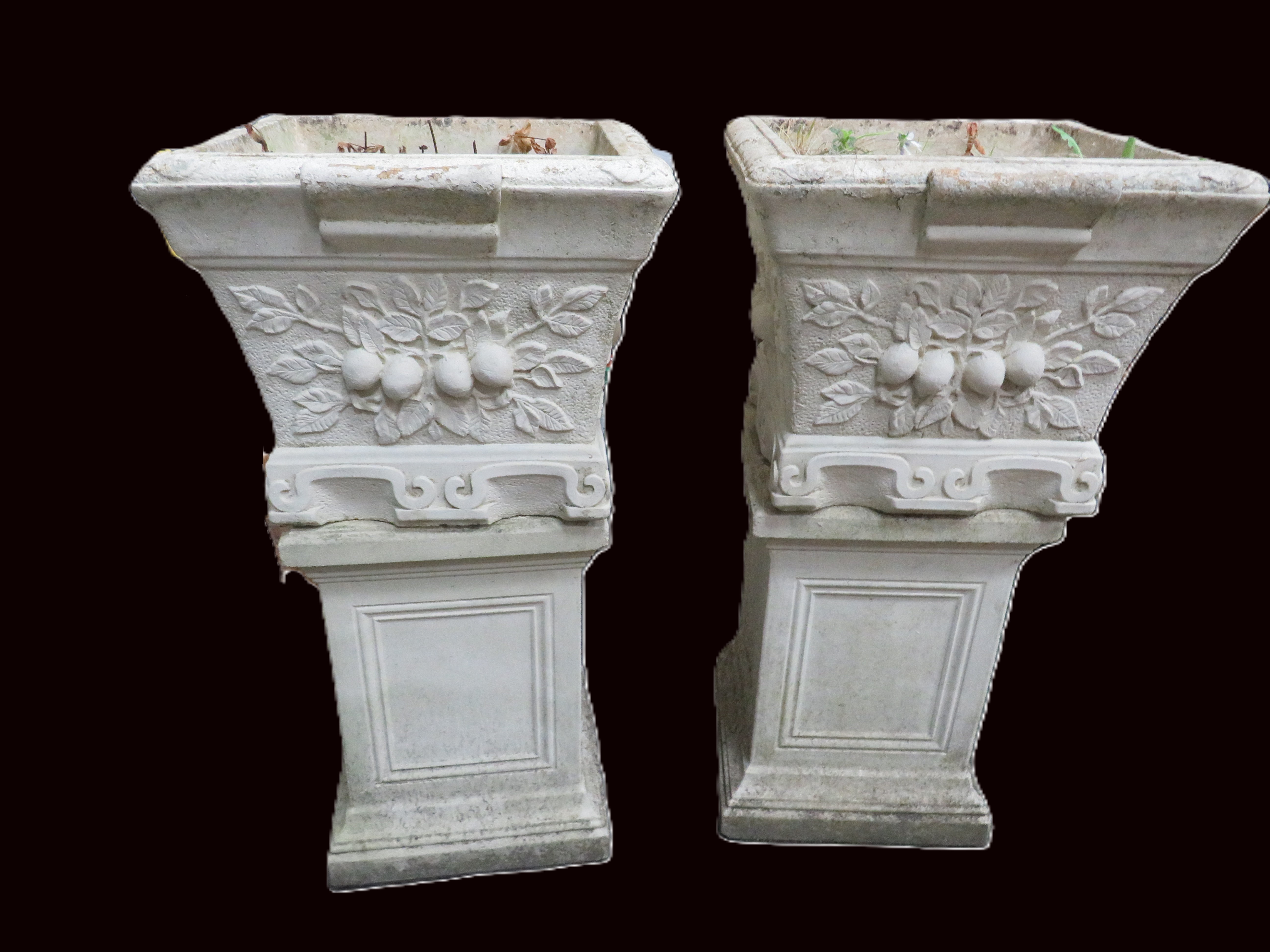 Matched pair of Stone/Yorkstone planters. Each measures approx H:33 x W:17 x D:17 Inches. See photos
